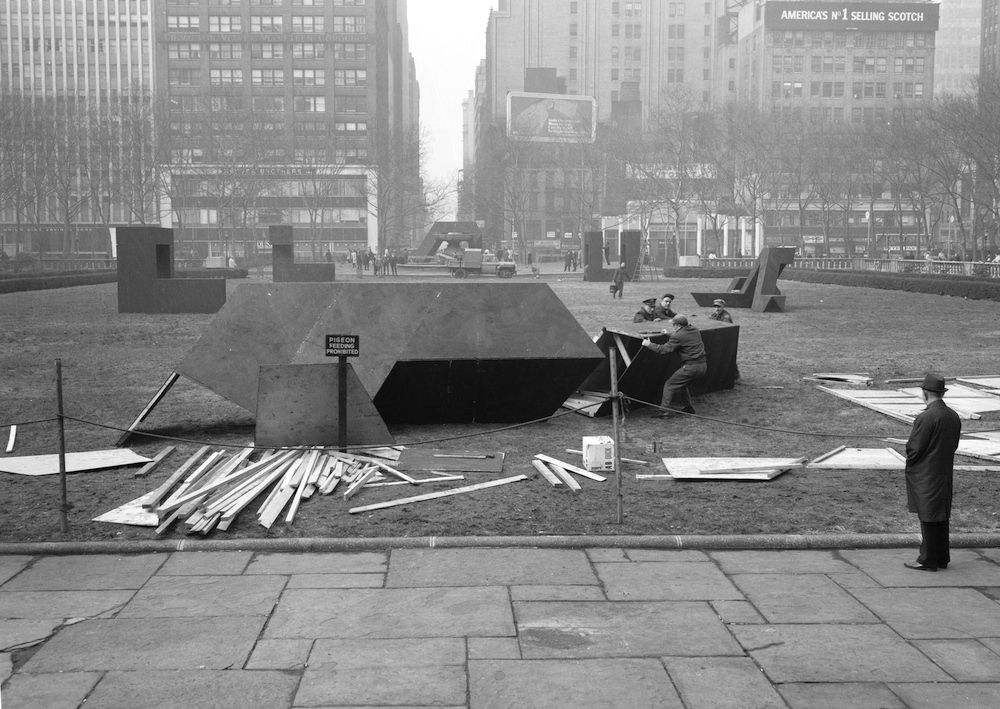 Tony Smith, 1967, Bryant Park, Manhattan, NYC Parks Photo Archive. In 1967 the City of New York initiated a bold experiment to place contemporary art in its public parks. In January an exhibition at Bryant Park of Tony Smith’s minimalist geometric sculptures, which he called “presences”, inaugurated this endeavor.<br/>